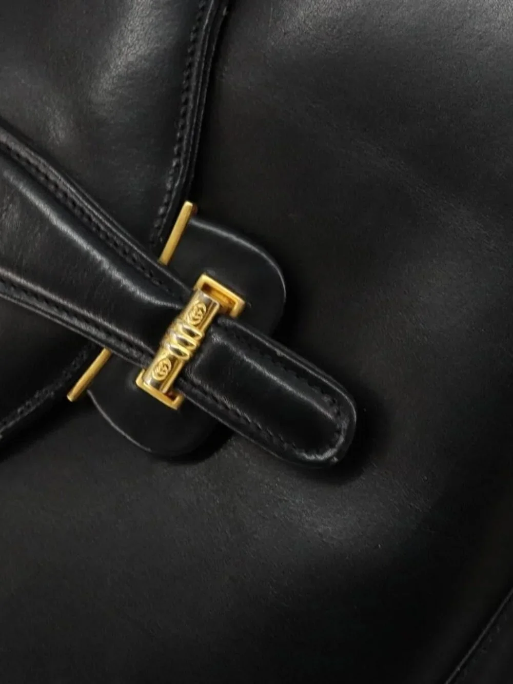 GUCCI Shoulder Bag Leather Black Gold Auth